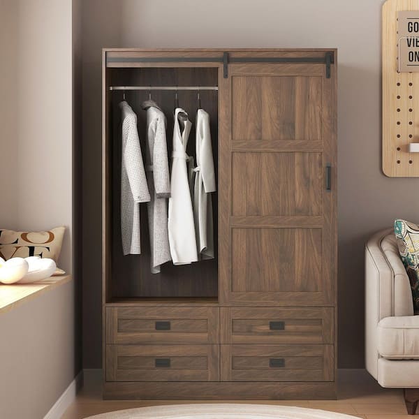 Natural Wood 47.24 in. Armoire with Hanging Rod and Open Shelves