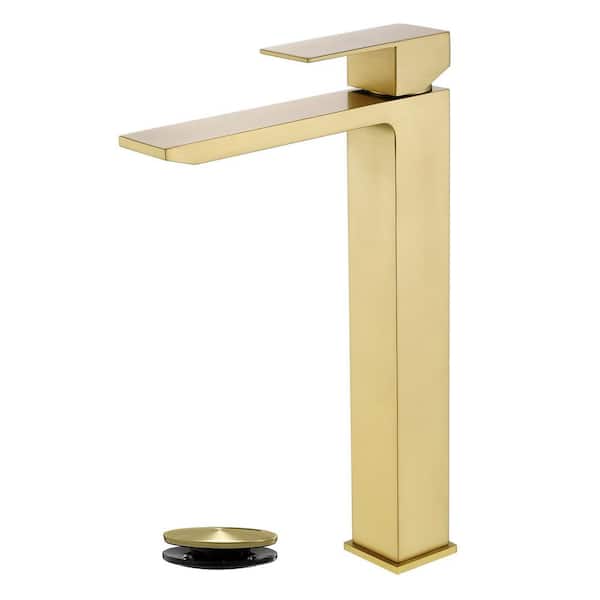 Single Handle Waterfall Vessel Sink Faucet with Pop-Up Drain in Brushed Gold