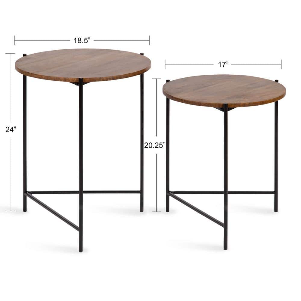 Ulani Natural Wood and Black Metal Round Nesting Tables