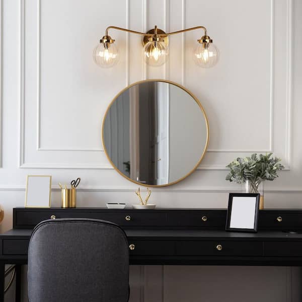 Modern 22 in. 3-Light Plated Brass Bathroom Vanity Light with Globe Glass Shades Contemporary Bedroom Wall Sconce