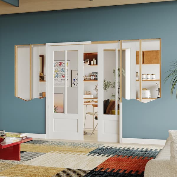 60 in. x 80 in. 2-Lite, 2-Panel, Composite, Tempered Mirrored Glass, MDF, White Primed Pocket Door Frame with Hardware