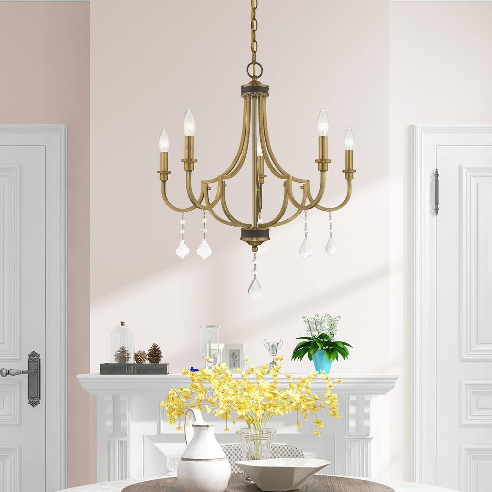Antique Brass 5-Light Mini Crystal Chandelier
