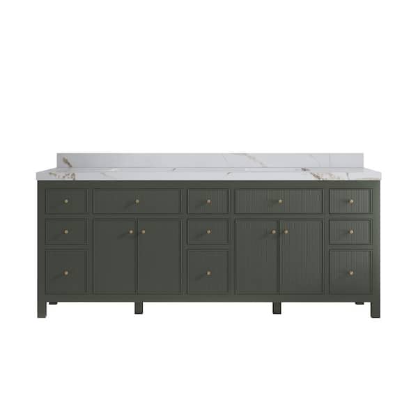Willow Collections Sonoma 84 in. Double Sink Freestanding Pewter Green Bath Vanity with Calacatta Gold Qt. Top Unassembled