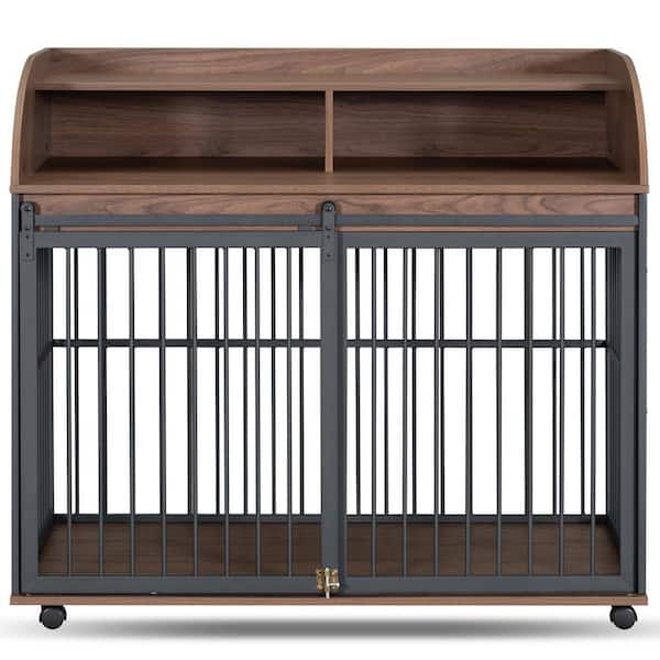 maocao hoom 44 in. Heavy Duty Large Dog Crate Furniture with Lockable Wheels, End Table Crate with Double Layer Storage, Brown
