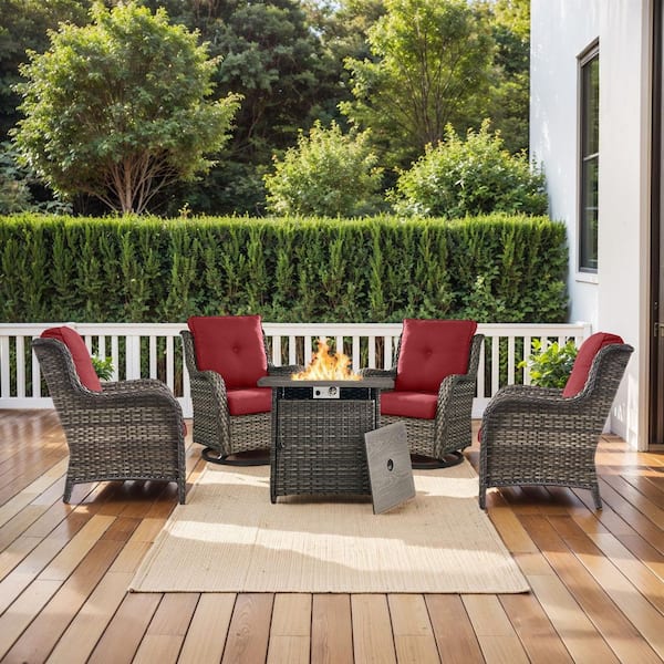 moosprr 5-Piece Gray Wicker Fire Pit Conversation Set with Olefin Red Cushions and Swivel Glider and Lounge Chairs