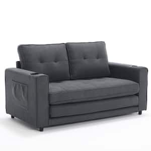 Dark Gray Metal Outdoor Loveseat with Cushions, Convertible Sofa Bed, Foldable Loveseat with Pull Out Sleeper Couch Bed