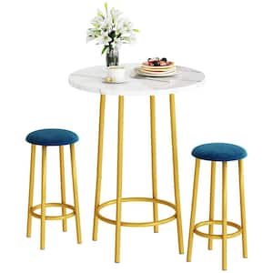 Modern Style 3-Pieces Round White Faux Marble Wooden Top Bar Table Set with 2-Blue Fabric Upholstered Stools for 2
