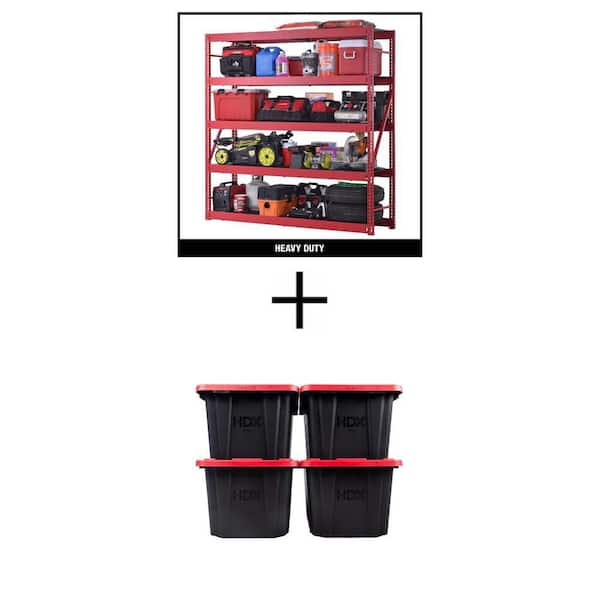 5-Shelf Metal Garage Shelving Unit (90 in.x90 in.x24 in.) and 27 Gal. Black Storage Tote with Red Lid Combo (4-Pack)