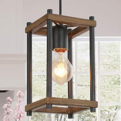 Modern Cage Island Chandelier Pendant Light Firefly 1-Light Black Farmhouse Rectangle Pendant Light with Wood Accent
