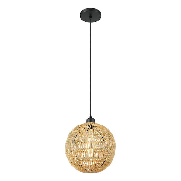 JAZAVA 60-Watt 1-Light Hemp Yellow Finish Shaded Dome Pendant Light with Rattan Shade and No Bulbs Included