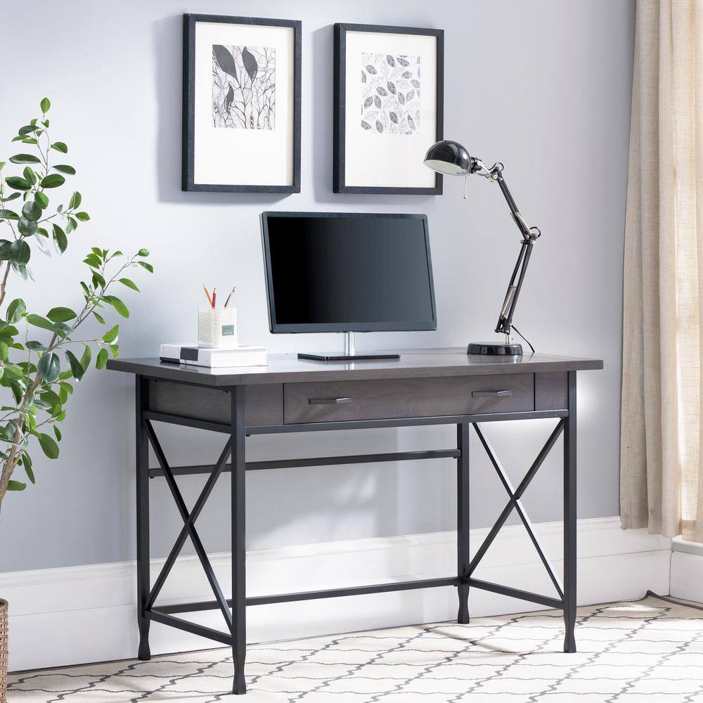 Chisel & Forge Oak Desk with Drawer in Smoke Gray and Matte Black