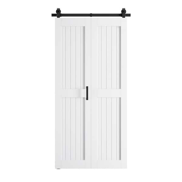 SOCBAZZAR 32 in. x 84 in. 2-Plank Prefinished White MDF Bi-Fold Sliding Barn Door with Hardware Kit, Top-Mounted