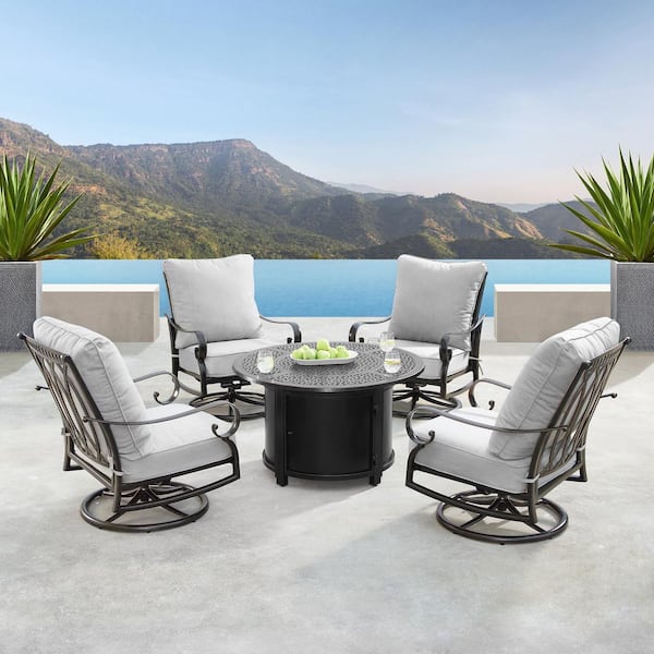 Oakland Living Rica Luxurious Antique Copper 5-Piece Aluminum Patio Fire Pit Deep Seating Set with Light Grey Cushions