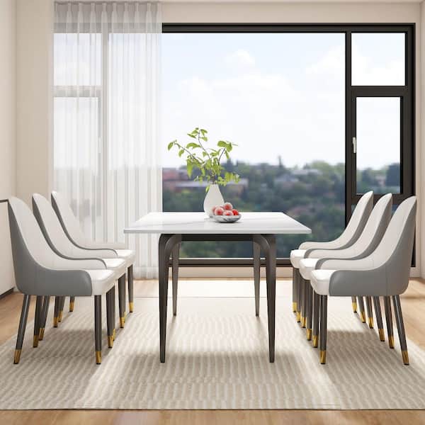Set of 6 Ergonomic PU Faux Leather Dining Chair Morden Desk Chair with Solid Wood Metal Legs and Backrest, Gray