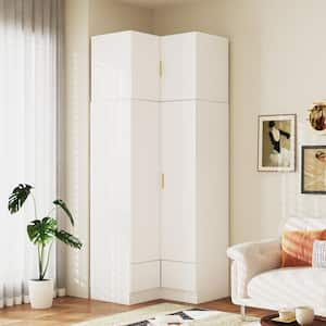 White Wooden 35.4 in. W x 19.8 in. D x 94.5 in. H Corner Wardrobe, Armoire with 2-Drawer, 4-Doors, 2-Shelf and 2-Bars