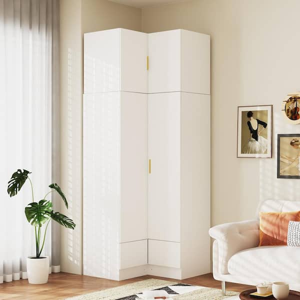 FUFU&GAGA White Wooden 35.4 in. W x 19.8 in. D x 94.5 in. H Corner Wardrobe, Armoire with 2-Drawer, 4-Doors, 2-Shelf and 2-Bars