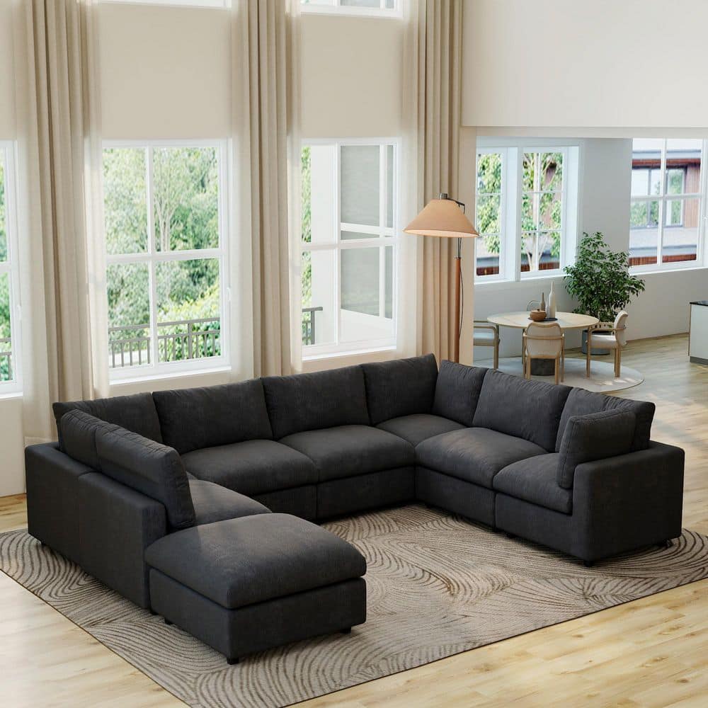 Minimalist 134 in. Square Arm Chenille U-Shaped Modular Sofa Cloud Couch with Ottoman and Removable Covers in. Black