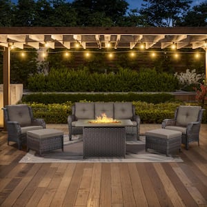 6-Piece Brown Wicker Outdoor Patio Rectangular Fire Pit Conversation Set with Gray Cushions and Ottomans