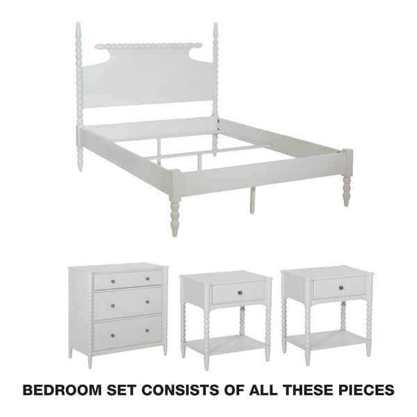 Spindle 4-Piece Sandcastle Antique White Queen Bedroom Set with Nightstands and Chest