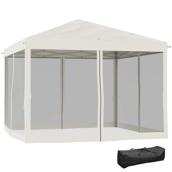 9.75 ft. x 9.75 ft. Beige Adjustable Height Pop Up Canopy Tent with Netting & Carry Bag