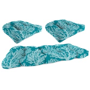 44 in. L x 18 in. W x 4 in. T Seacoral Turquoise Outdoor Rectangular Wicker Cushion Set with 1 Bench and 2 Seat Cushions