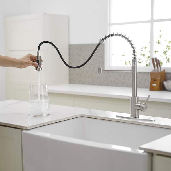 Commercial Style Spring Brushed Nickel 19.01 in. H 2-Func Pull-Down Brass Faucet W/ 360° Swivel
