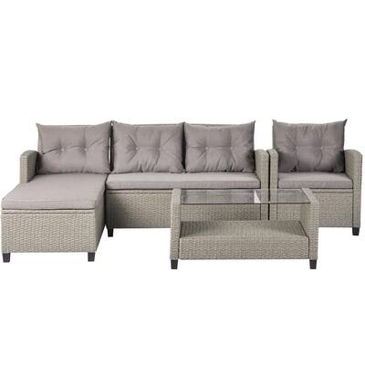 4-Piece Wicker Outdoor Sectional Sofa Set with Seat Brown and Beige Cushions