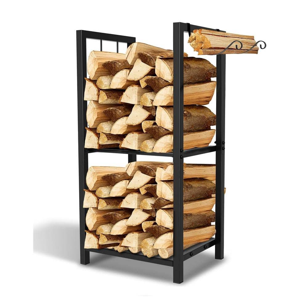Firewood Rack Log Holder with Kindling Hooks, Powder-coated Steel Made, Up-