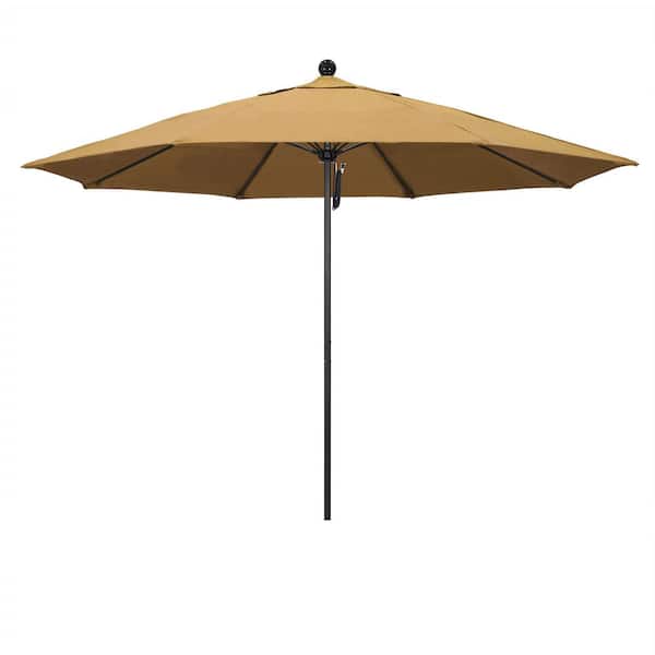 11 ft. Black Aluminum Market Patio Umbrella with Fiberglass Ribs Pulley Lift in Wheat Sunbrella