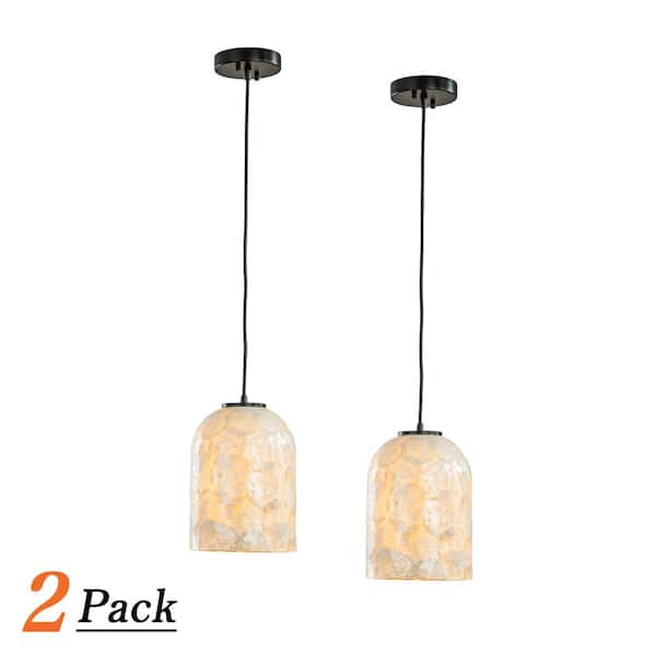 1-Light 7 in. Farmhouse Natural Capiz Seashell Single Pendant Light Coastal Cylinder Hanging Light For Kitchen (2Pack)