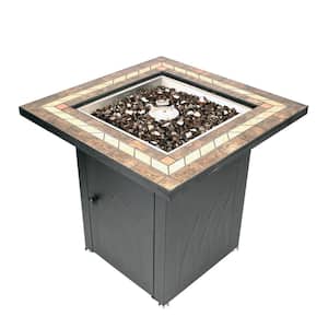 Atlantis 28 in. x 26 in. Square Steel Propane Gas Fire Pit Table in Black with Glass Fire Rocks