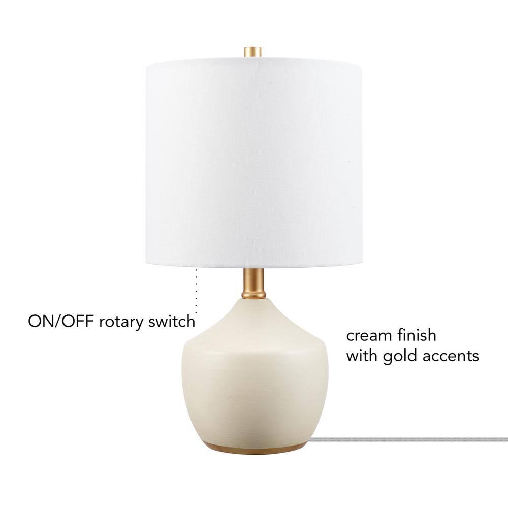 Cream Ceramic Table Lamp with White Linen Shade and Brass Accents