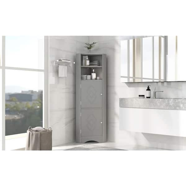 Glossy Bathroom Tallboy Cabinet with Mirror in Grey