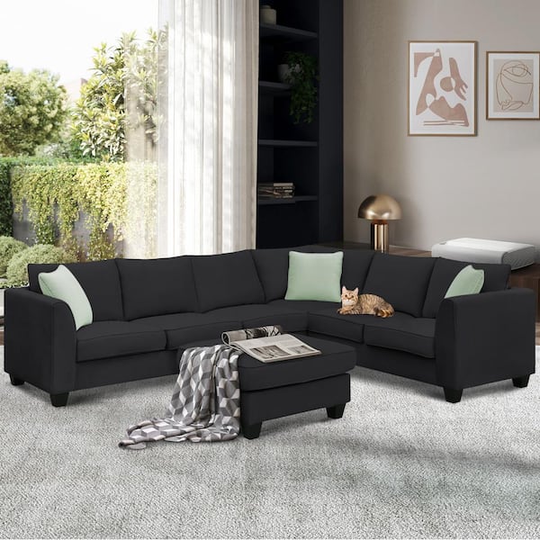 XB327-SDT-1 Zeus Polyester Modular 112 Depot L-Shaped Ruta with - Home W Sofa The Black in Sectional Ottoman in. &