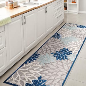 Minori Blue/Gray 2 ft. x 8 ft. Floral Indoor/Outdoor Area Rug