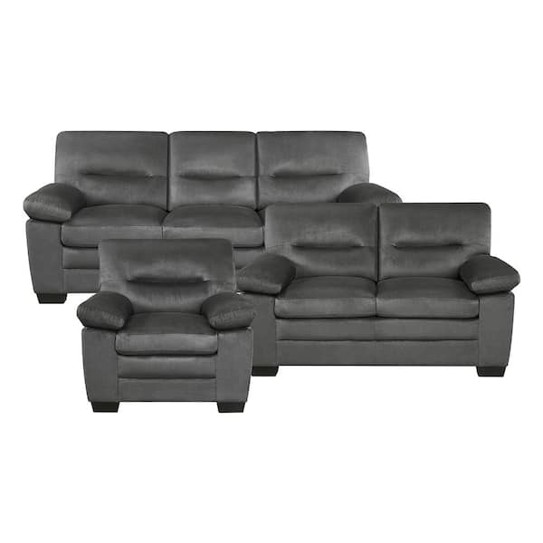 Lazzara Solomon 84 in. W Straight Arm Textured Fabric Rectangle 3-Piece Living Room Sofa Set in Dark Gray