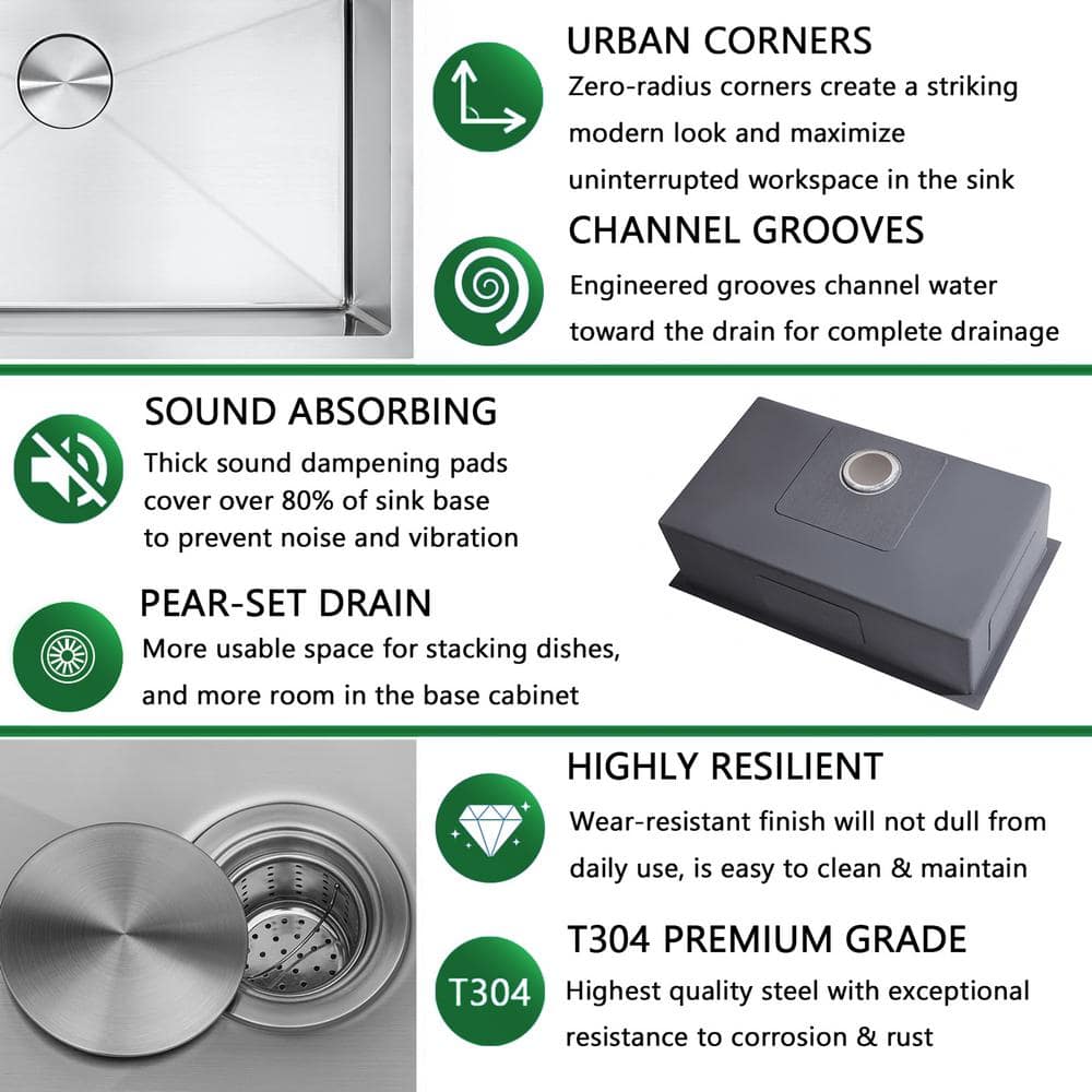 23'' Stainless Steel Undermount Single Bowl Kitchen Sink