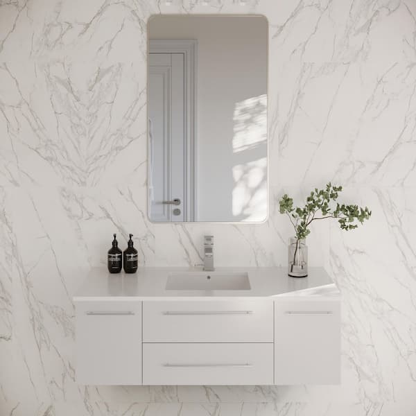 Lucera 48 in. Single Sink Wall Mount Floating White Bath Vanity with White Quartz Top and Undermount Ceramic Sink
