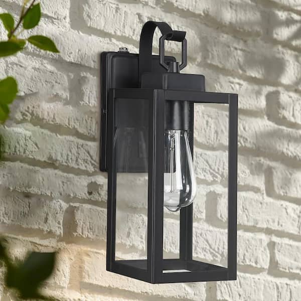 13.74 in. Matte Black Dusk to Dawn Outdoor Wall Lantern Sconce with Clear Tempered Glass