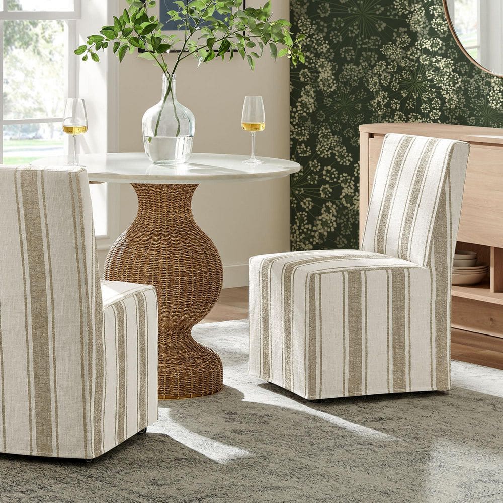 MODWAY Tessera Striped Slipcovered Dining Side Chair in Tan Stripe