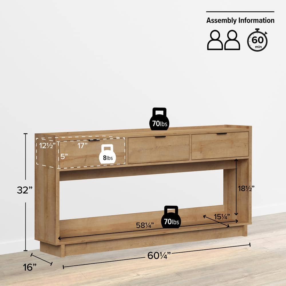 Natural Oak Modern Wood Console Table with Storage Drawers