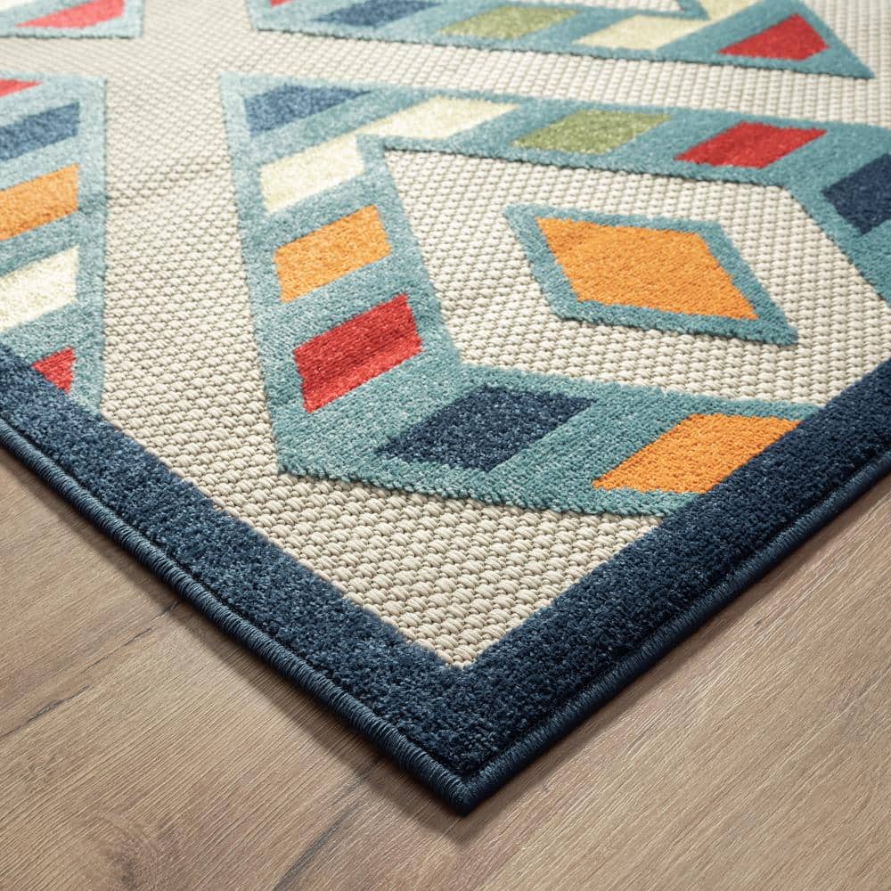 Reversible Rectangular Blue Geometric Easy-Care Area Rug