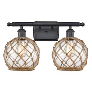 Farmhouse Rope 16 in. 2-Light Matte Black Vanity Light with Clear Glass with Brown Rope Glass and Rope Shade