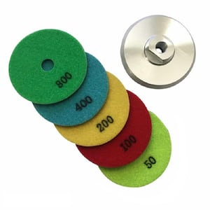 4 in. Dry Diamond Polishing Pad Set for Stone and Concrete, (#50 to #800 Grit) with Aluminum Backing Pad