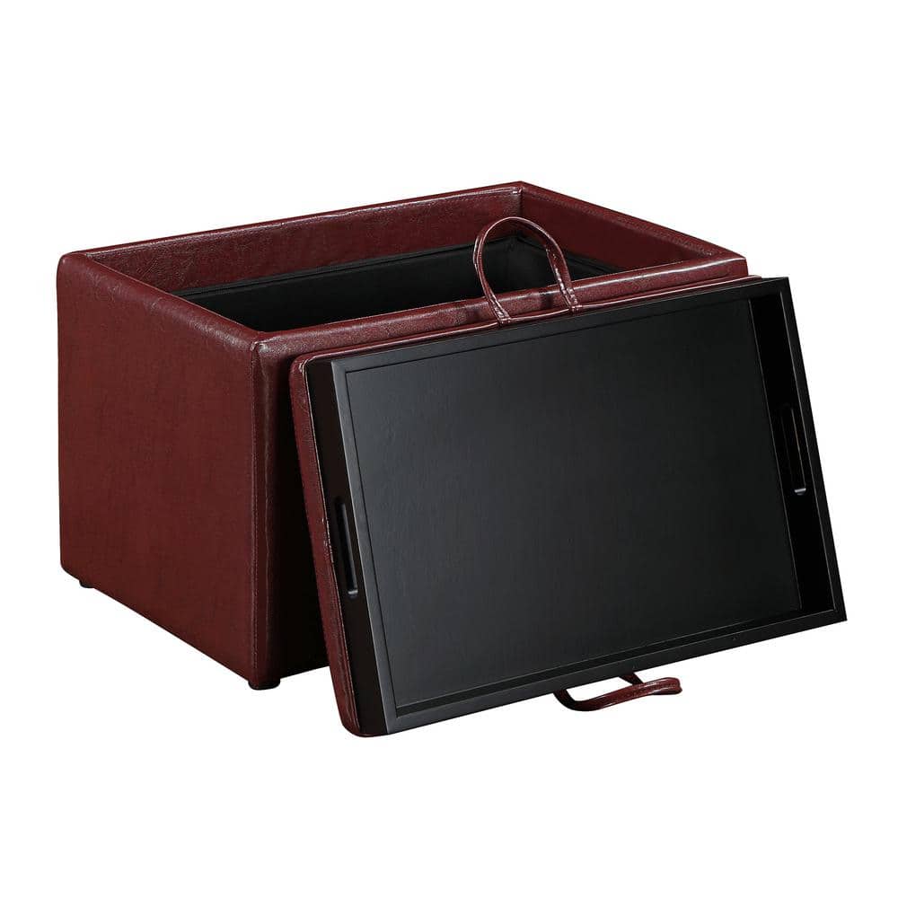 Burgundy Faux Leather 23" Modern Storage Ottoman with Tray