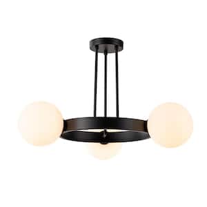 Tusten 26.7 in. 3-Light Modern Black Cluster Sputnik Round Semi-Flush Mount with Frosted Opal Glass Globe Bubble Shade