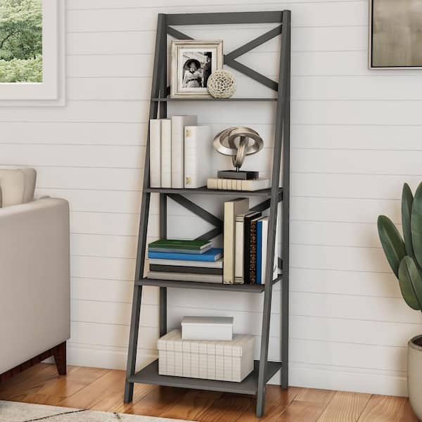 Lavish Home 56 in. 4-Tier Ladder Bookcase Freestanding Bookcase with X Back Frame