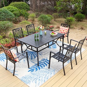 Black 7-Piece Metal Rectangle Outdoor Patio Dining Set with Slat Table and Fashion Stackable Chairs