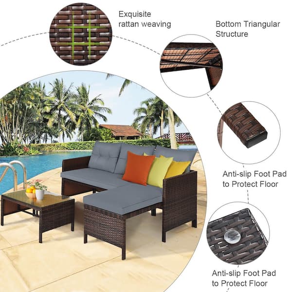 Gymax 3 Pieces Rattan Outdoor Furniture Set Patio Couch Sofa Set