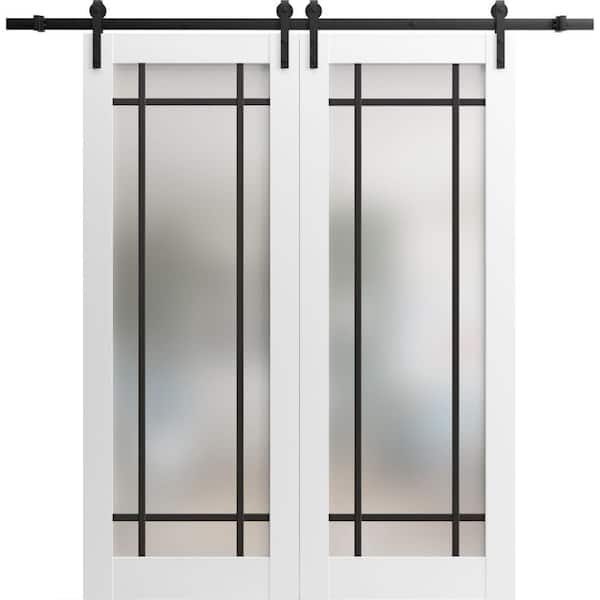 28 in. x 84 in. 2 Panel Frosted Glass White Solid Wood Sliding Barn Door with Hardware Kit
